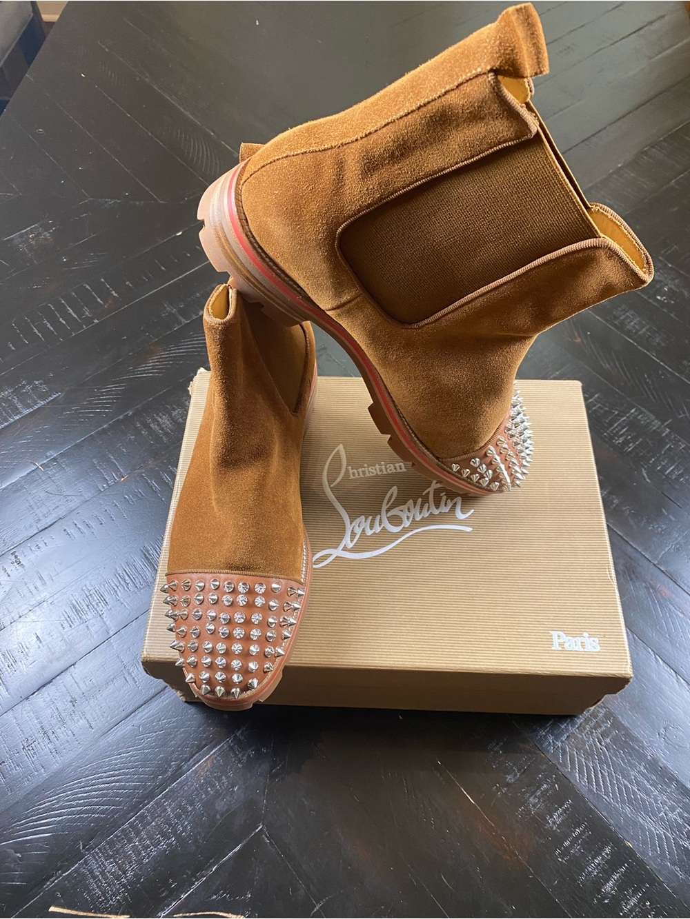 Christian Louboutin Tan Suede Studded Chelsea Booties